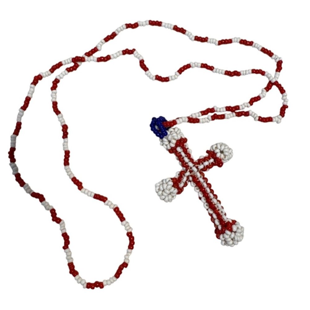 Red White & Blue Beaded  Necklace With Cross Pendant Handmade Patriotic Design